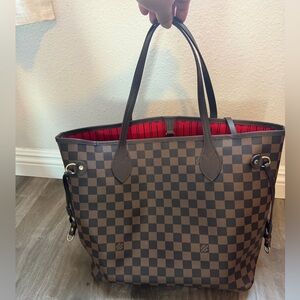 Elegant Brown Checkered Tote with Red Interior with pouch
